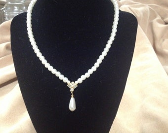 Vintage Faux Pearl Beaded Necklace with Teardrop Pendant, Length 15.5''