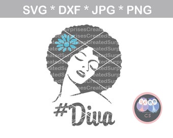 Diva, Afro woman, svg dxf png jpg digital cut file for cutting machines, personal, commercial, Silhouette Cameo, Cricut