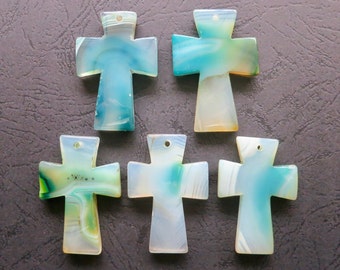 AS PICTURED- 5pcs Large Teal Green Agate Cross Pendant 35x50mm- top drilled