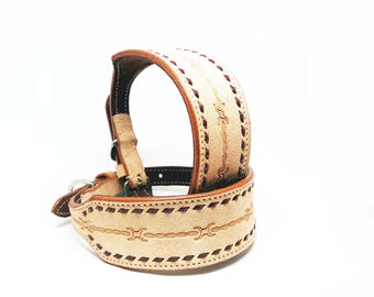 2" Wide Barbwire Tooled MadcoW Western Styled Nubuck Suede Leather Buck Stitched K9 Dog Collar Hand Made Fully Adjustable