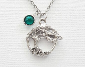 Tree Of Life Necklace Silver Plated Pewter Charm Tree Nature Forest Woods Woodland Jewelry Swarovski Channel Birthstone Crystal