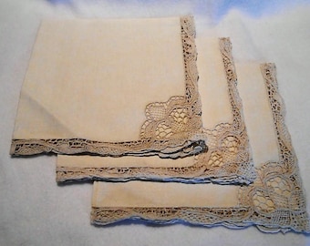 3 Vintage Belgian Zele Needle Lace or Punto Venezia Natural Linen Napkins, c. 1920