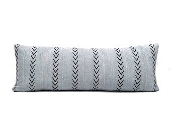 Mudcloth pillow cover, 14"×36" gray bed pillow, african mudcloth pillow, extra long lumbar pillow, mudcloth