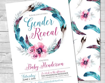 Gender Reveal Invitation, Boy or Girl Gender Reveal invite, Pink or Blue, Baby Reveal, Gender Reveal party, He or She, Boho Gender Reveal