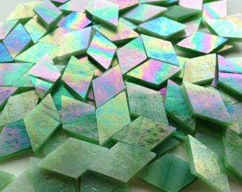 Mosaic Tiles - 100 Small Diamonds - Iridescent Green Stained Glass - Hand-Cut
