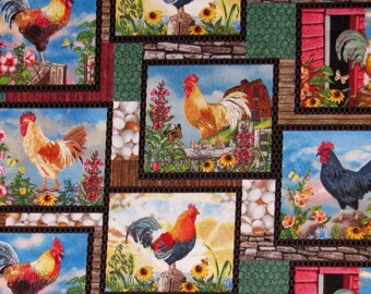 Cock-A-Doodle-Doo Rooster Scene - Elizabeth's Studio Novelty Fabric Cotton CADCRS003