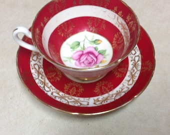 Royal Grafton tea cup and saucer crimson pink rose red and gold , antique tea cup