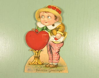 Mechanical Valentine Card - Vintage Google Eyes Boy Dove Germany
