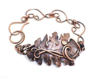 Wire Wrapped Copper Electroplated Oak Leaf Bracelet, Nature Bracelet, Real Oak Leaf Bracelet, Botanical Jewelry, Electroformed Oak Leaf