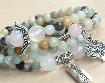 Namaste Necklace 108, Mothers Day Gift, Tibetan Amazonite 108, Mala Beads Japa Mala, Namaste Silver Bar, Quartz Angel, Mala 108 Gemstone Zen