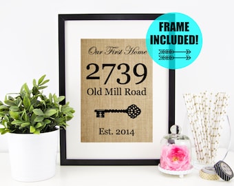 FRAME INCLUDED! Personalized Housewarming Gift | Our First Home Framed Burlap Print | House Warming Gift | Home Sweet Home Sign Closing Gift