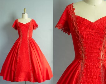 1950s Red Cotton Party Dress/ Small (36b/25W)