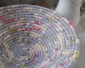 Coiled Fabric Basket In A Soft Floral Print - Pastels, Bluish Gray, Pink, Cream, Catchall for Your Keys, Change, Handmade by Me