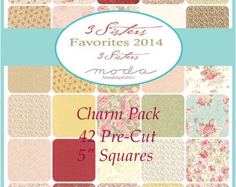 Moda Charm Pack, 3 Sisters Favorites, Moda 906PP, Cottage Chic Fabric Bundle, Shabby Floral, 42 Pre Cut 5" Squares, Cotton Fabric Squares