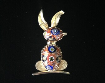 Vintage Millefiori Bunny Brooch- Jelly Belly Bunny Brooch- Goldtone Bunny Jewellery- Vintage Millefiori Brooch- Vintage Easter Brooch