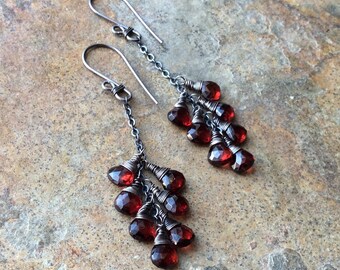 GARNET earrings, red Garnet sterling silver earrings, boho jewelry, cluster earrings, handmade artisan jewelry, January birthstone