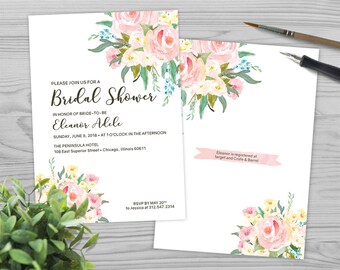 Wedding Shower Invitation Template - Bridal Shower Invitation Template - Watercolor and Flowers - Photoshop Template - PW1713