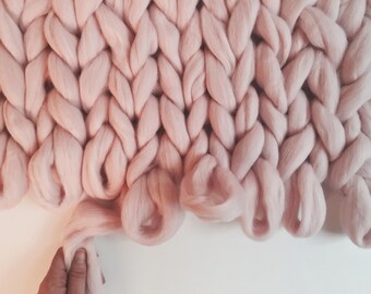 Chunky Knit Blanket, ROSE PINK, Choose Size, Pure Merino Throw Blanket, Super Chunky Knit Blanket, Giant Knit Wool Blanket