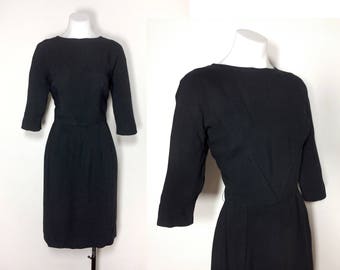M/8-10 | Wilshire of Boston 50s black dress, vintage 50s black rayon wiggle dress 60s black rayon dress Audrey Hepburn little black dress
