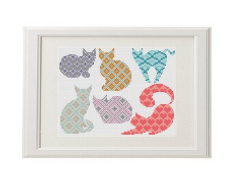 Cat Cross stitch cat Set of 6 cats Multicolor Cute cross stitch animal cross stitch Geometric cross stitch modern crossstitch PDF