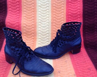 Vintage Black Leather Victorian Ankle Boots w/ Holes