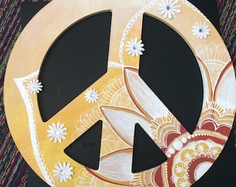 Mehndi Mandala Inspired Wooden Peace Sign, Wall Decor