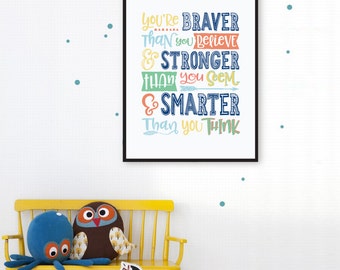Winnie the Pooh Quote You Are Braver Than You Believe, Boho Nursery Wall Art Print, Inspirational Quotes for Children, Kids Printable Poster