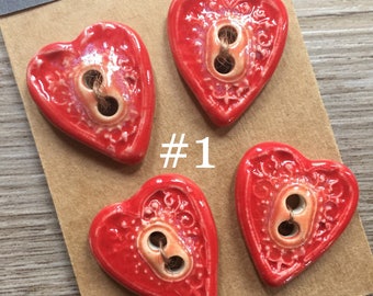 Bright Red Heart Buttons - Handmade Ceramic Button Lot of 4 - Really Red Bead Focal - Heart Buttons - Button Focal Button Jewelry - Sewing