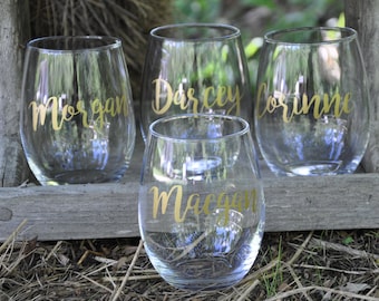 6 Custom Wine Glass, Personalized, Stemless Wine Glass, Bridesmaid Gifts, Bachelorette Party, Birthday Wine Glasses, Custom Wine Glasses