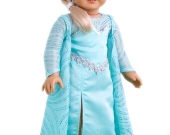 Snow Queen Elsa - Doll Clothes for 18 inch American Girl Doll - Long Turquoise Dress with Sparkling Cape and Silver Shoes
