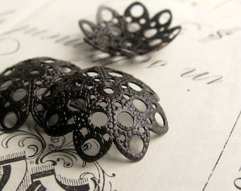 18mm domed, scalloped filigree bead cap - (4) dark antiqued brass bead caps, black bead cap, large bead cap, aged patina, pierced BC-ET-030