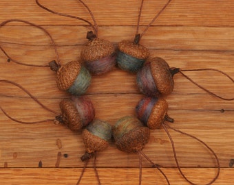 Felted Wool Acorn Ornaments in Rainbow Blend, also available without hangers