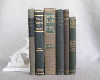 Vintage Textbooks, Decorative Books, Book Bundle, Shabby Book Stack, Home Staging, Wedding Centerpiece, Farmhouse Books, Green and Beige