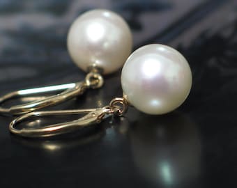 14k Gold Pearl Earrings | Large Fine 10mm White Freshwater Pearls | Solid Yellow Gold Leverbacks | Classic Pearl Dangles | Ready to Ship