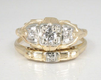Antique Estate Diamond Wedding Ring Set - Two Tone 14K Gold