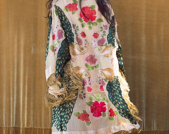 Burnout Velvet Kimono with Fringe, Bridal Robe, Piano Shawl