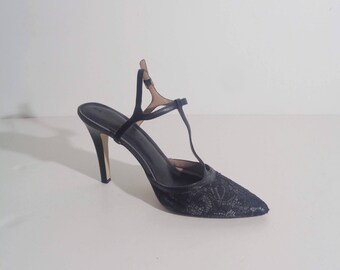 90s LACE T-STRAP FLAPPER Ankle Strap Heels, 8.5 to 9