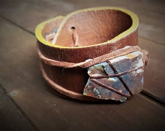 Leather Cuff with Raw Stone