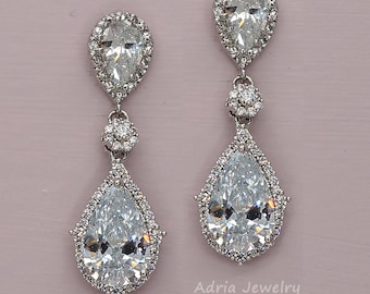 Teardrop Crystal Bridal Earrings Rhinestone Wedding Earrings cubic zirconia Bridal Jewelry White Gold Wedding Earrings for Brides