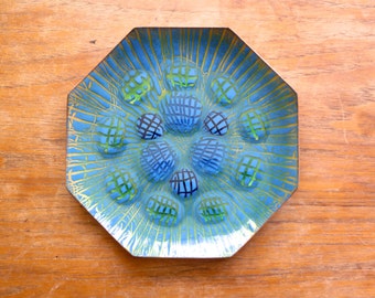 Vintage Annemarie Davidson Enamel on Copper Octagonal Dish Plate Jewels Grooveline Ghostline Sierra Madre California Blue Green