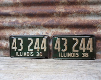Vintage License Plate Illinois 1938 Matched set of 2 Green & White 1930s Era Car Truck Automobile Rusted and Naturally Distressed Man Cave