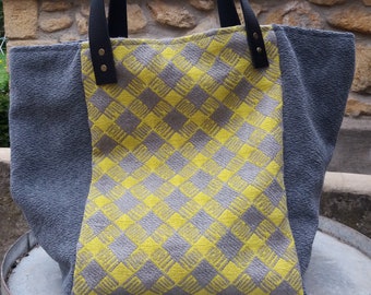 Tote fabric lime green and gray, leather handles