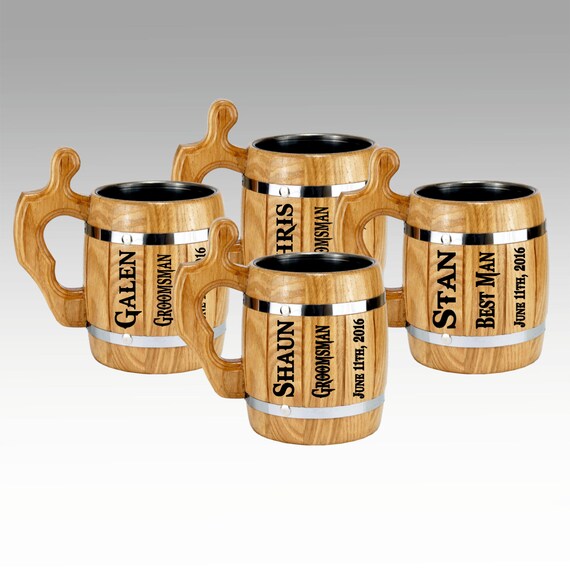 4 Wooden Beer Mugs Personalized Groomsmen Gift Handcrafted