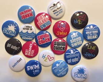 Swim team swimmer themed set of 20 1" or 1.25 inch buttons pin flat back, hollowback or magnets great gift