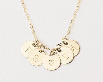 Delicate gold initial disc necklace - Multiple initial necklace - personalised 14k rose gold filled necklace - gold circle necklace