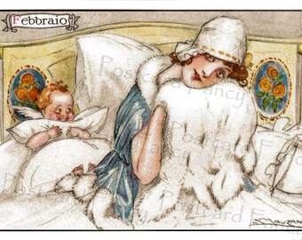 Art Deco Month of FEBRUARY, Instant DIGITAL Download, Vintage Postcard Illustration by Mauzan, Baby Cupid, Printable