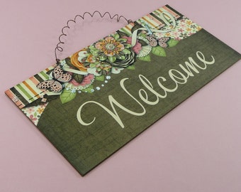 WELCOME SIGN Hardboard Wooden Home Decor Entryway Foyer Plaque Wood Flowers Butterfly Wall Hanging