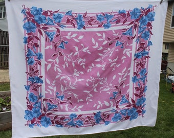 Vintage 1950s Floral Tablecloth, Morning Glory, Pink Blue Purple Mauve, 50 x 45