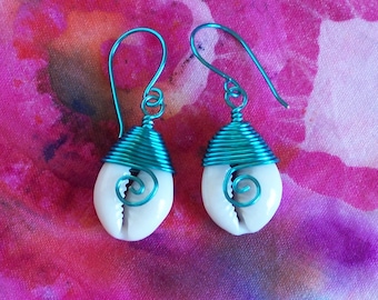 Wire Wrapped Cowrie Shell Earrings, Beach Cowrie Shell Earrings, Seafoam Green Shell Earrings