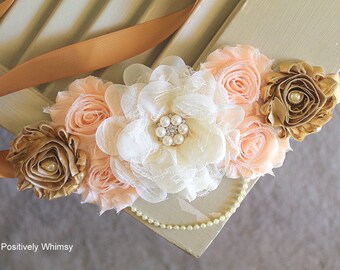 Peach Maternity Sash, Gold Sash, Maternity Belt, Belly Sash, Pregnancy Sash, Flower Sash, Baby Shower Sash, RTS, Light Peach, Gold, Ivory